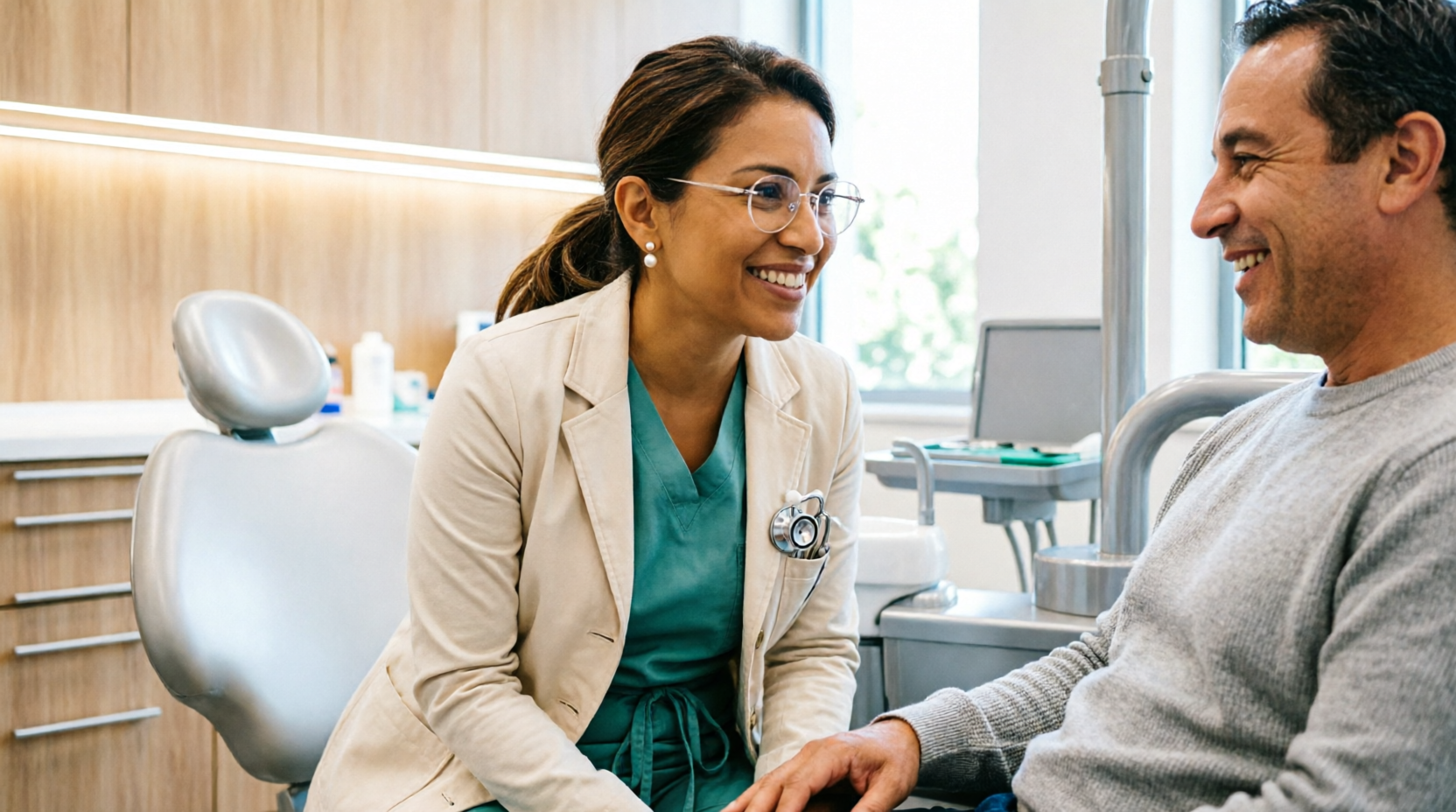Altima dentist in teal scrubs consulting a smiling patient