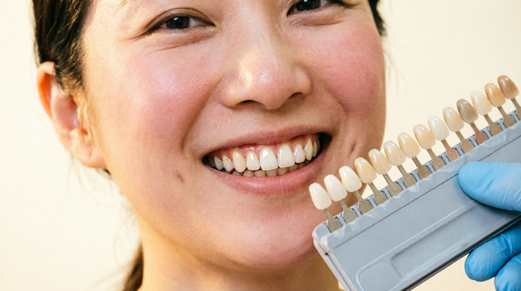 Patient comparing smile to a dental shade guide