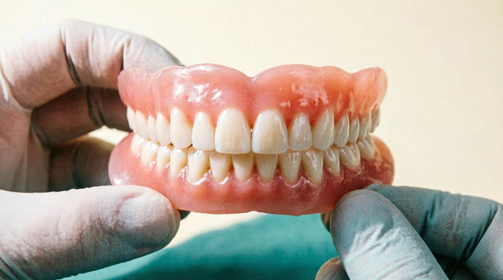 Hands holding a full denture model