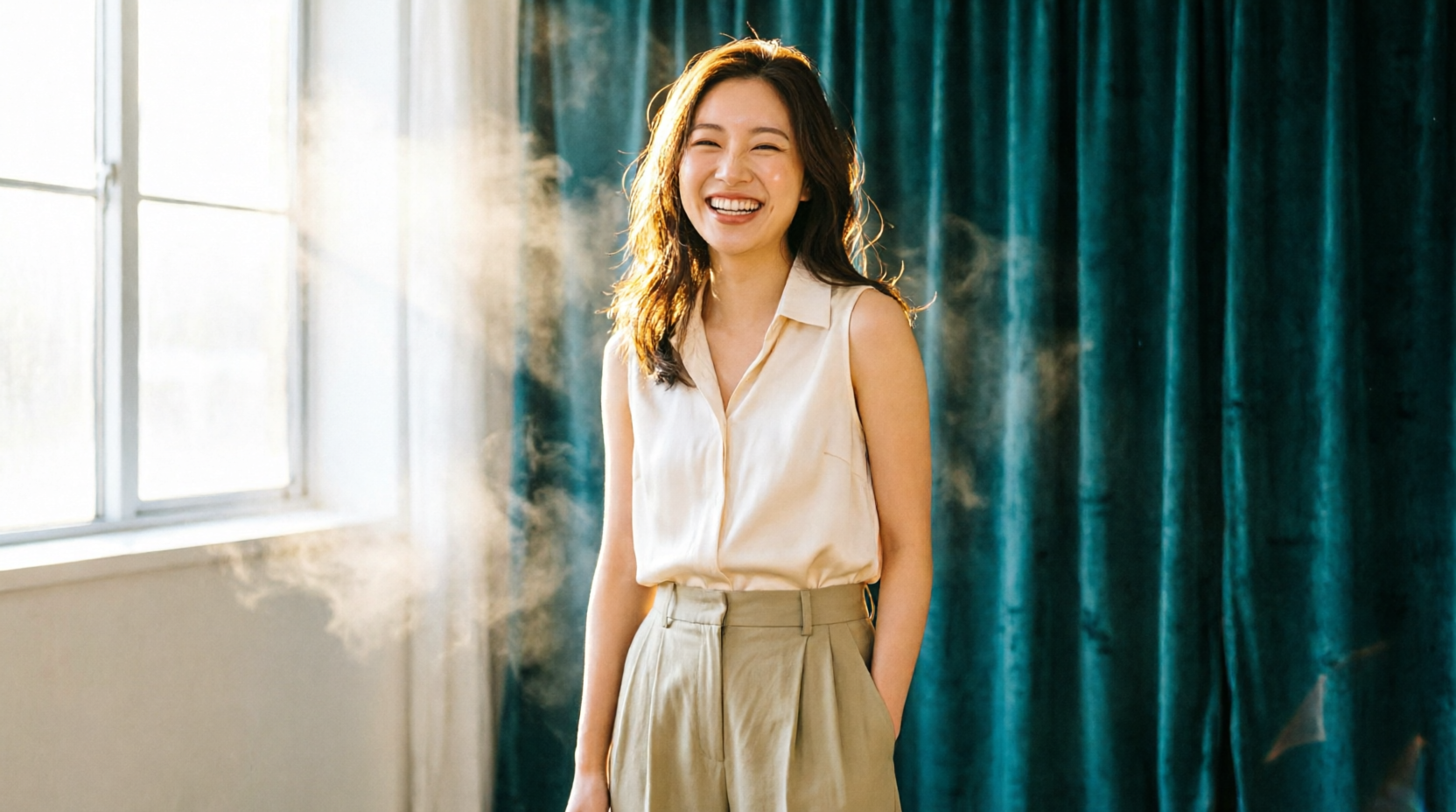 Smiling Altima Dental patient in front of a teal curtain