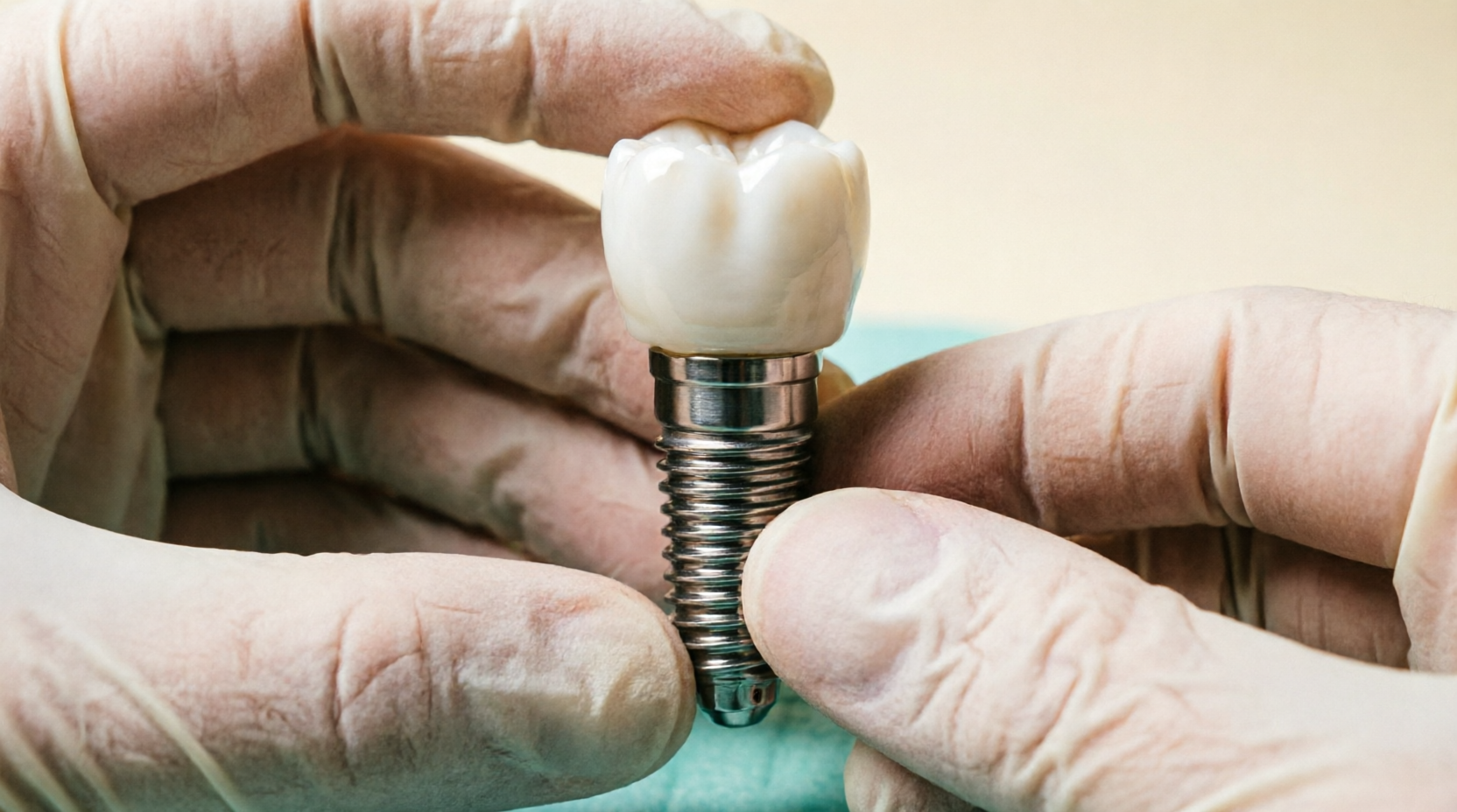 Gloved hands holding a dental implant model