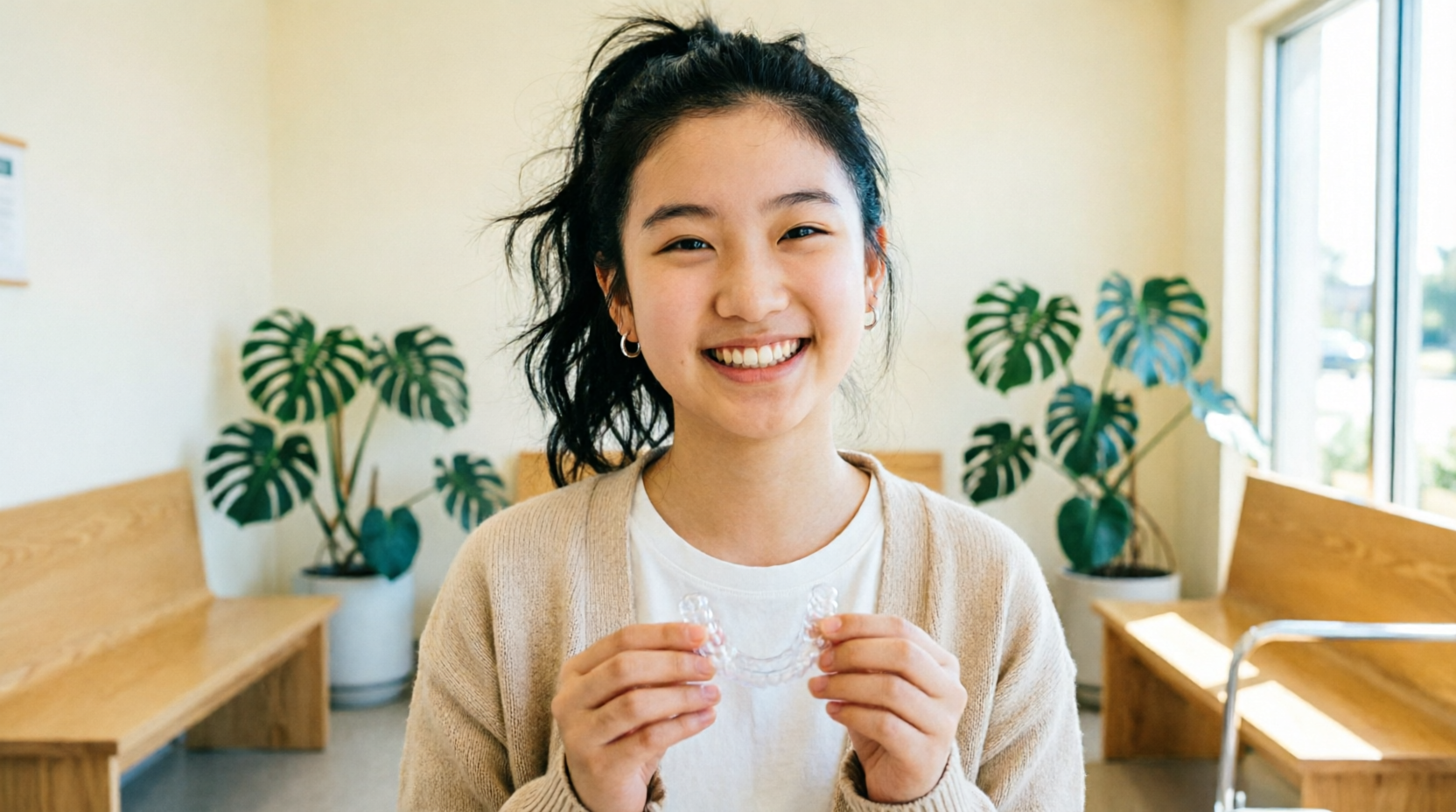 Teen patient holding clear orthodontic aligners