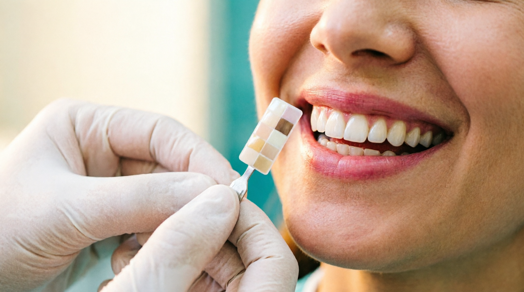Close-up smile with veneer shade tab