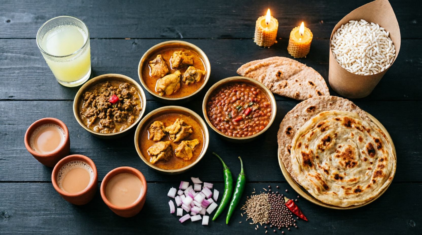 A full Bengali feast laid out for the table.