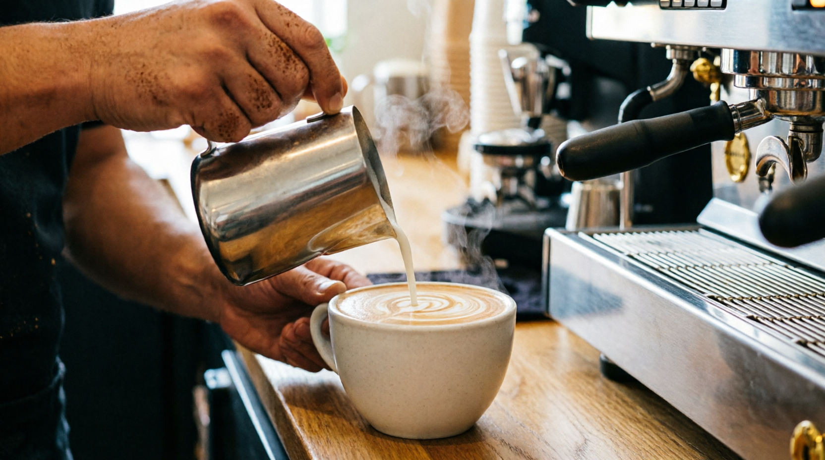Barista pouring latte art at Grub Coffee Co