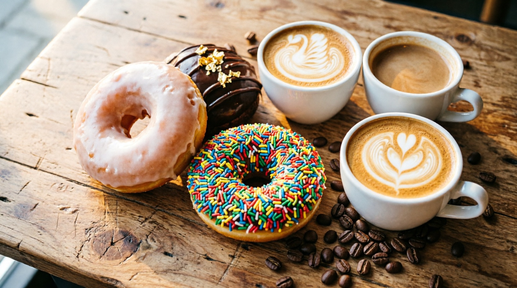 Donuts and coffee flat lay