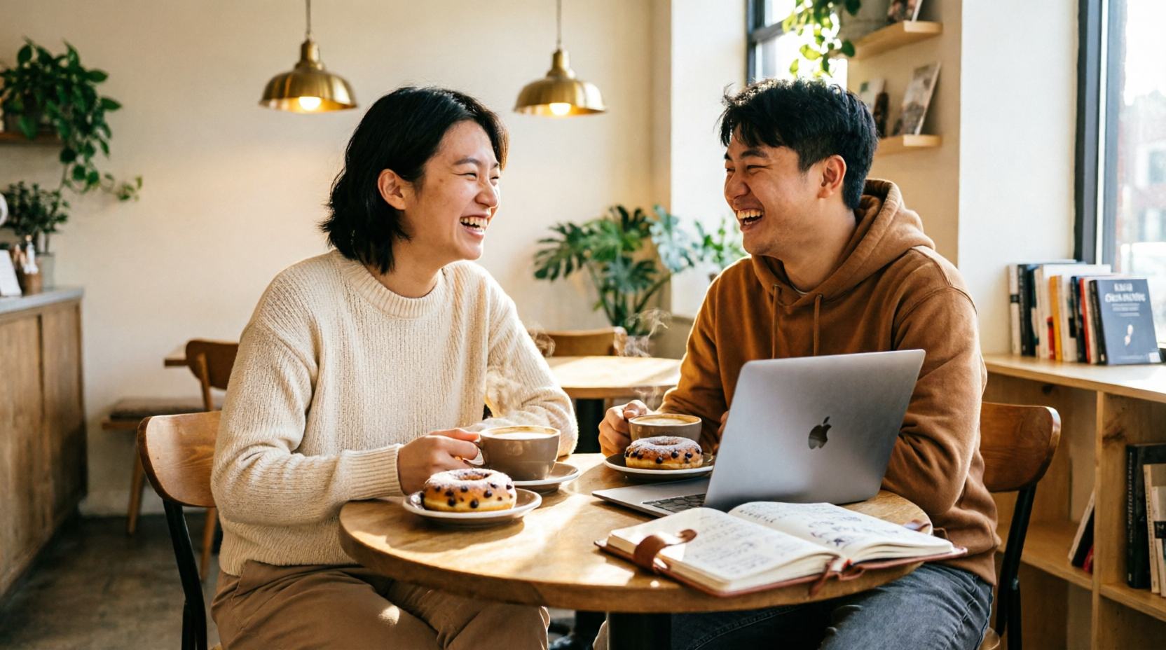 Friends laughing over coffee and donuts