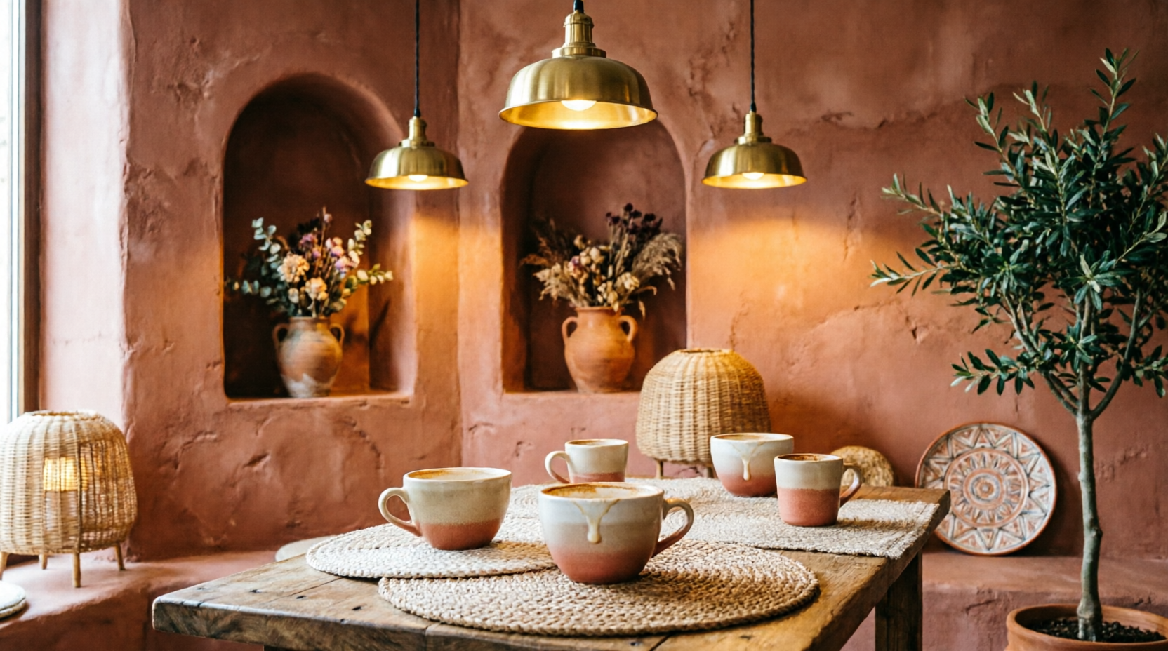 A flat white with rosetta latte art in a terracotta ceramic cup
