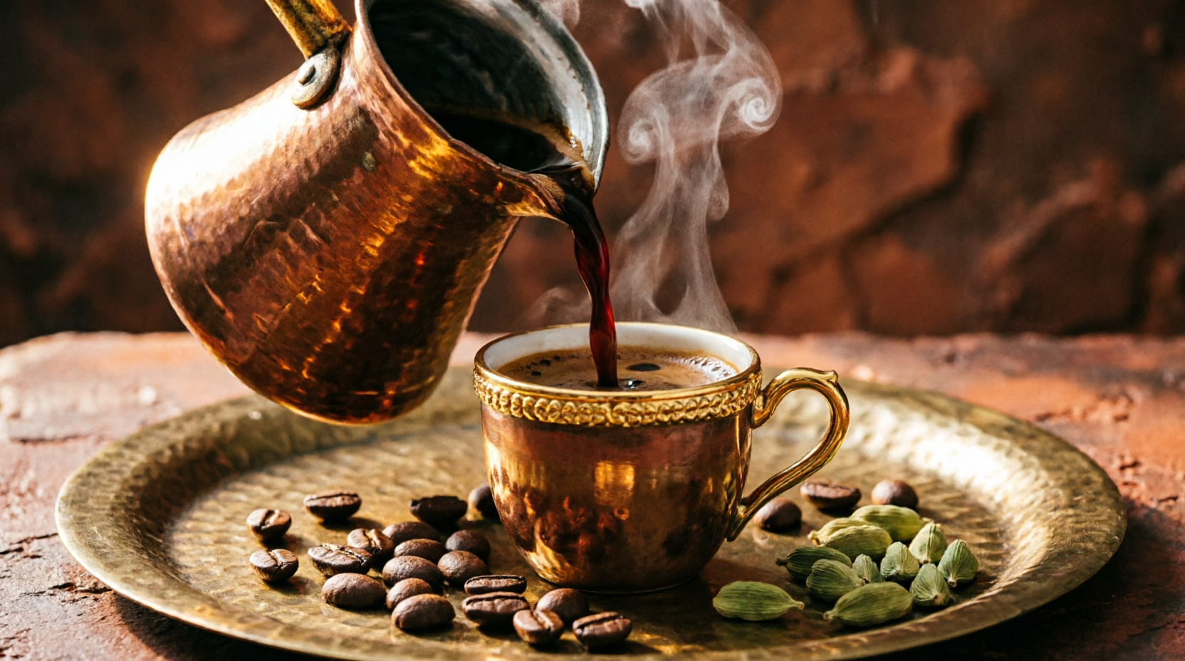 Turkish coffee being poured from a copper cezve into a brass finjan cup on a hammered tray