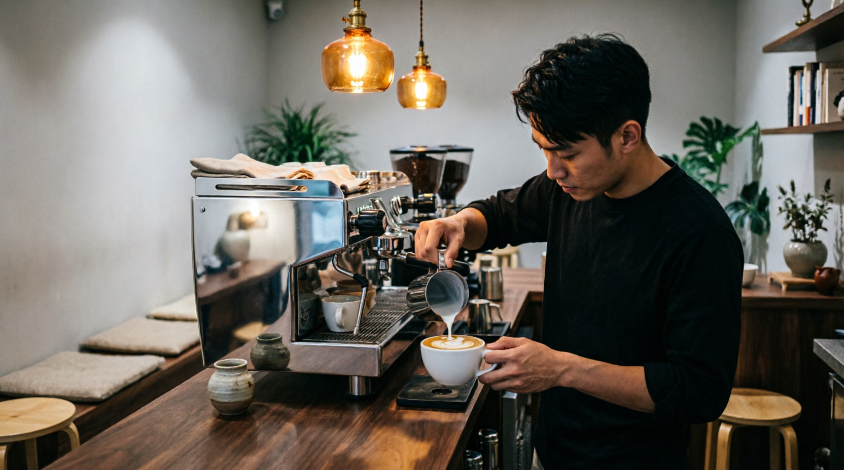 Barista pouring latte art at a warm, wood-counter specialty coffee bar at Native
